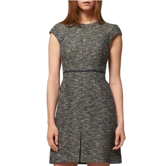 L.K Bennett Boucle Tweed Dress Size 14 RikRak Waist Front Pleat Smart Office - Picture 3 of 11